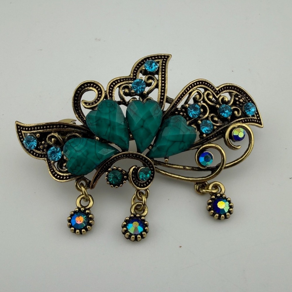 Vintage Style Antique Gold Teal Heart Rhinestone French Barrette Clip
